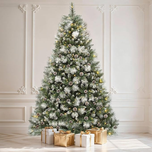 DWVO Prelit Christmas Tree 4.5ft with 34 Pine Cones & White Pine Needle, Atificial Tree with 150 LED Lights, Full Green Xmaxs Trees with 396 Metal Hinged Branch Tips & Stand Remote Controlled