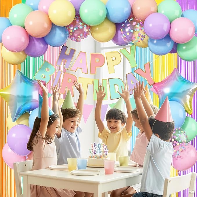 Pastel Birthday Decorations for Girls, Macaron Rainbow Pastel Color Balloons Reusable Happy Birthday Banner Sign Fringe Curtain Backdrop Cake Toppers for Kid Spring Baby Shower Party Decoration