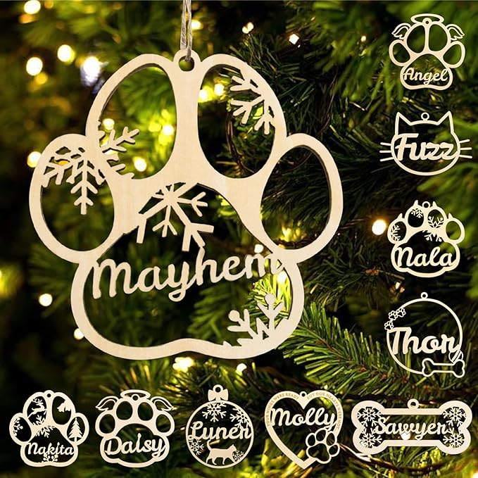 Personalized Dog Cat Paw Ornament Christmas, Custom Pet's Name Ornament, Customized Wooden Snowflake Dog Paw Ornaments for Christmas Tree