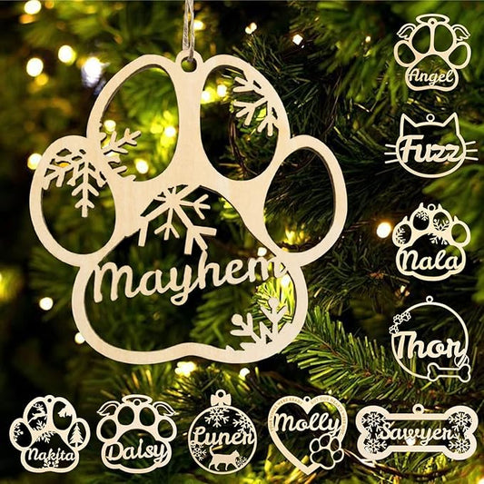 Personalized Dog Cat Paw Ornament Christmas, Custom Pet's Name Ornament, Customized Wooden Snowflake Dog Paw Ornaments for Christmas Tree
