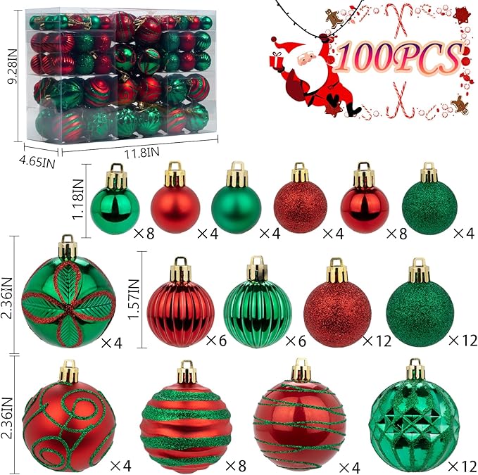 100Pcs Christmas Ball Ornaments Set, Shatterproof Plastic Red and Green Christmas Ornaments for Xmas Tree, Assorted Baubles Hanging Decorations for Holiday/Party/Wedding