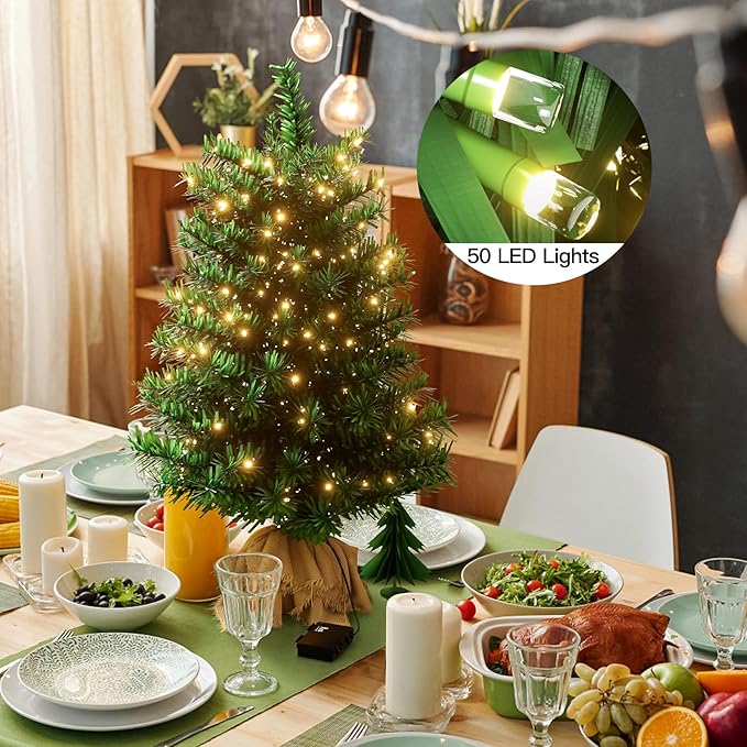 Pre-lit Mini Christmas Tree, 2ft Christmas Tree with 50 Led Warm Lights, Artificial Christmas Tree with 72 Branch Tips, Battery Operated Small Xmas Tree for Table Desk Best Holiday Home Decorations
