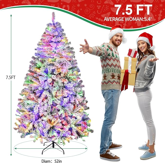 7.5ft Prelit Christmas Tree Snow Flocked Artificial Xmas Tree with 550 Colorful LED Lights, Remote Control, 1405 Branch Tips, Time and 11 Light Modes