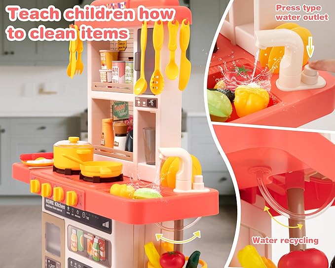 Kids Kitchen Play Set，Interactive Kids Kitchen Play Set with 50Pcs of Pretend Kitchen Toys，Realistic Sound Effects，and Simulated Functionality - Suitable for Toddlers Aged 3-5 Years(Pink)