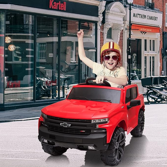 12V Ride on Car, Battery Powered Licensed by Chevrolet Silverado GMC Kids Ride On Truck, Toddler Electric Vehicles Toys w/Remote Control, MP3/Bluetooth, Spring Suspension, LED Light (red)