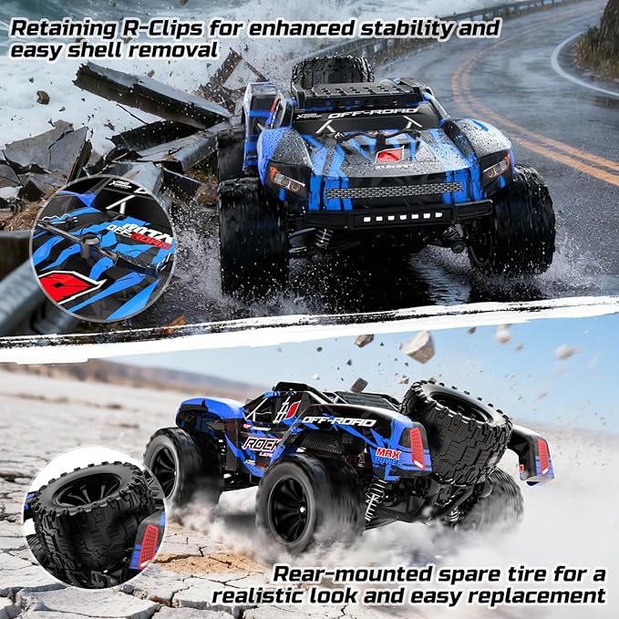 DEERC 9006E 1:12 RC Cars for Adults Boys, 45KM/H Off-Road Short Course Truck, 4WD All Terrain Remote Control Monster Truck, 2.4GHz Waterproof Car with 2 Rechargeable Batteries, Spare Tire, LED Lights