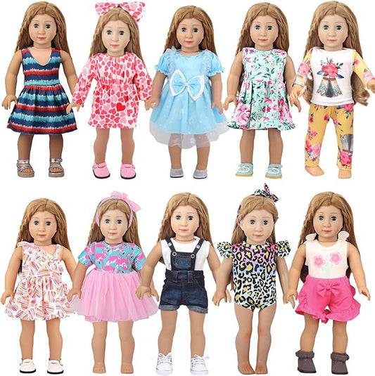 10 Sets of 18 Inch American Doll Clothes, Including 10 of Doll Clothing Dress Outfits for Gift Dolls, Birthday Gifts for Kids