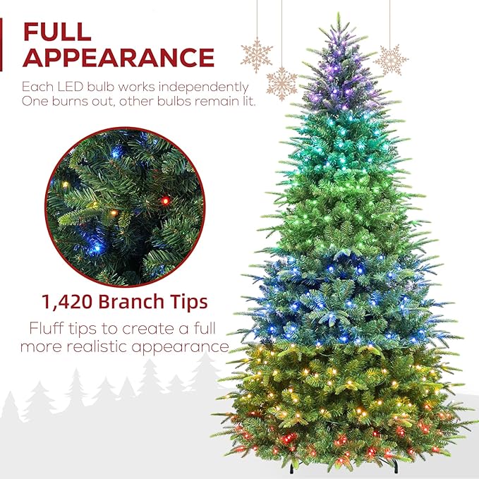 Hykolity 6 ft Pre-lit Artificial Christmas Tree with Remote Control, 350 Color Changing RGB Lights, 15-Mode Artificial Hinged Christmas Tree with 1420 PE&PVC Branch Tips for Home, Decoration