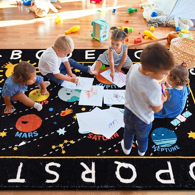 Outer Space ABC Alphabet Educational Rug, 78.7"X59", Non Slip Solar System Galaxy Planets Playroom Rug, Washable Area Rug Carpet for Classroom, Bedroom, Kids Room Decor