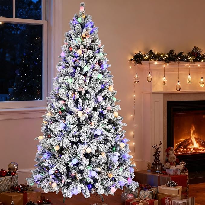 7.5 ft Prelit Flocked Christmas Tree with 400 Multi-Color Changing RGB LED Lights, Twinkle Artificial Christmas Tree with 1523 Tips