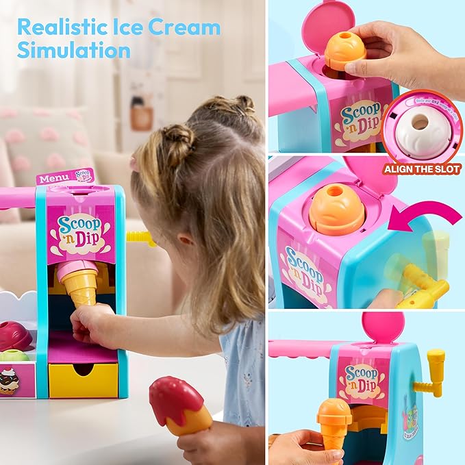 Ice Cream Maker Pretend Toy for Role Play, Play Food Toy Set, Play Kitchen Accessories, Christmas Preschool Gifts for Girls Boys Kids Toddlers Age 3+