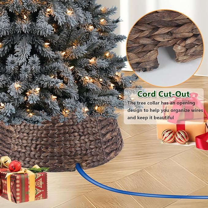 Christmas Tree Collar 24'' D Handmade Hyacinth Tree Collar Basket Rattan Wicker Christmas Woven Tree Ring Stand Base Cover for Christmas Holiday Decoration-Round Brown