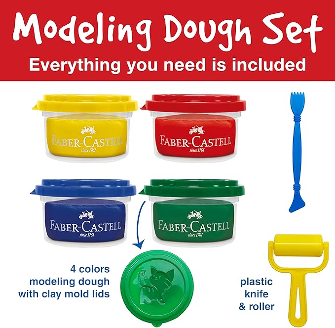 Faber-Castell Little Creatives Super Soft Modeling Dough: 4 Classic Colors and Play Dough Accessories, Non Toxic Playdough Kit for Toddlers, Gifts for Kids and Preschool (Ages 3+)