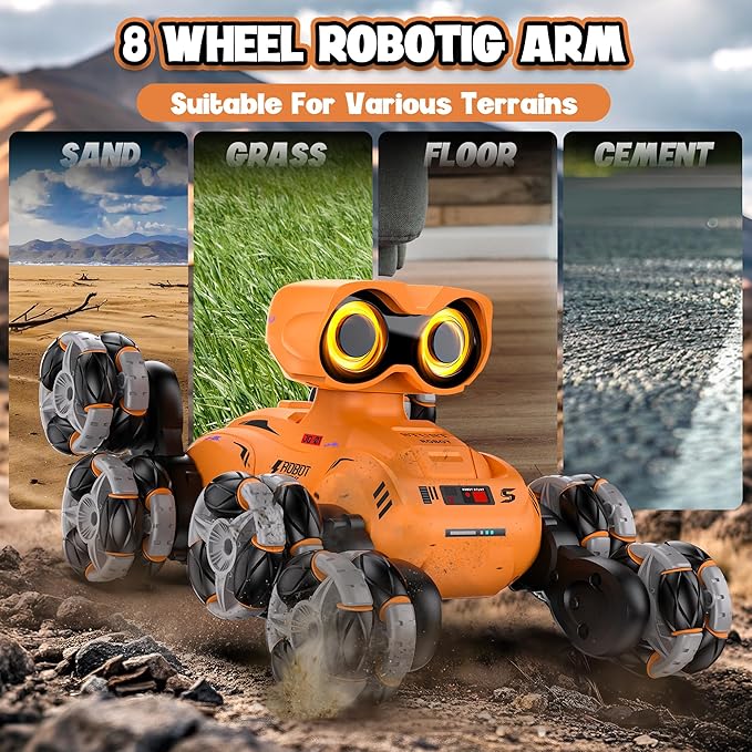 Robot Toy, 8 Wheels Stunt Robot Toys with 2.4Ghz, Auto-Demonstration, 360° Rotation, LED Eyes，Easy Kid-Friendly Controls for Indoor/Outdoor Play, Gifts and Toys for Kids Aged 8-13, Orange