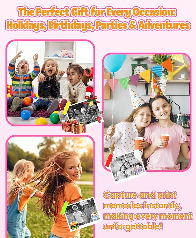 WONNIE Kids Camera Instant Print,1080P Selfie Digital Camera with 2.4" Screen & 32GB Card,Toddler Portable Toy for Ages 3-12,Christma-s Birthday Gifts for 3 4 5 6 7 8 9 Year Old Girls Pink