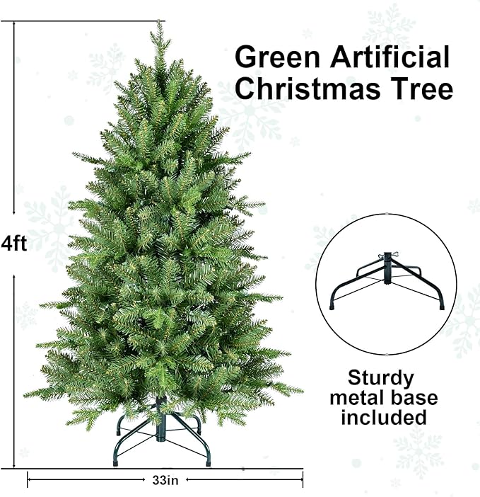4FT Artificial Christmas Tree with 668 PE&PVC Mixed Branch Tips, Unlit Hinged Premium Spruce Fake Xmas Trees, Green, Foldable Base