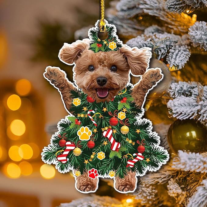 2025 Poodle Dog Christmas Ornament - Adorable Poodle Dog Dressed as a Christmas Tree - Fun and Festive Acrylic Decoration