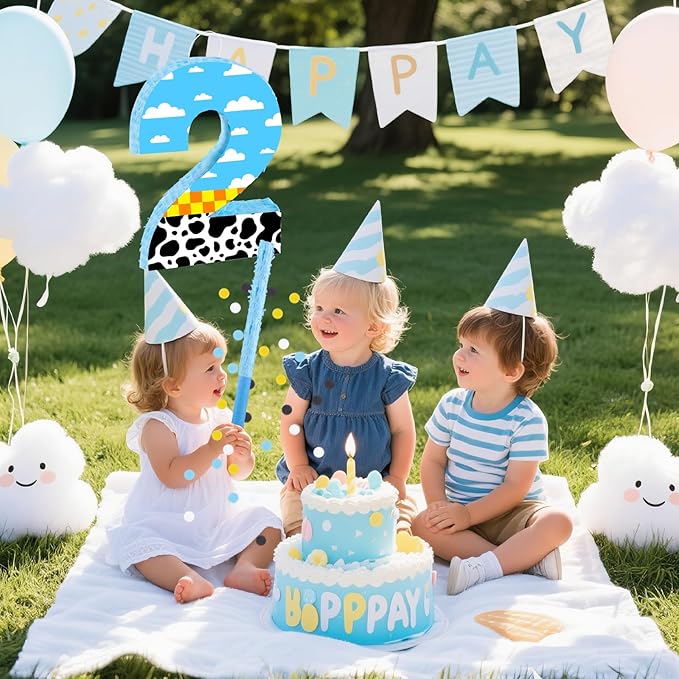 16 Inch Number 2 White Cloud Pinata with 16 Inch Piñata Stick Blindfold Confetti for Boy Girl Kids 2nd Birthday Party Decorations(2nd)