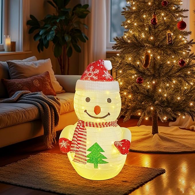 Lighted Pop-up Christmas Snowman Decorations, 27 Inch 3D Snowman with 45 LED Warm White Lights, Battery Powered Collapsible Prelit Snowman for Indoor Outdoor Christmas Garden Yard Xmas Decor, Timer