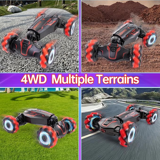 Gesture Sensing RC Stunt Car, 2.4 GHz 4WD Remote Control Car 360° Rotate Transform Off-Road Drift RC Cars with Cool Lights Music, Ideal Presents for Boys Girls for Birthday (Red)