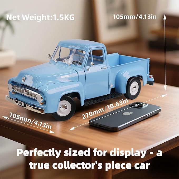 1953 Ford F-100 Pickup Truck 1/18 Scale Die-Cast Metal Model Alloy Collection Cars with Display Case, with Opening Doors, Best Gift for Men, Dad & Kids 14+ Years(Light Blue)