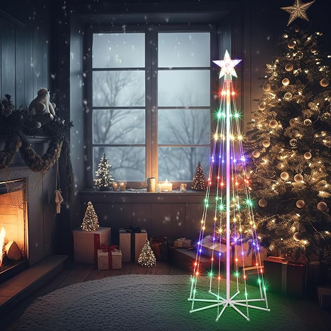 5' LED Animated Outdoor Christmas Tree, Multicolor Lightshow Lighted Cone Wire Tree with Topper Star, Christmas Outdoor Decorations Artificial Lighted Tree for Indoor Outdoor Yard Patio
