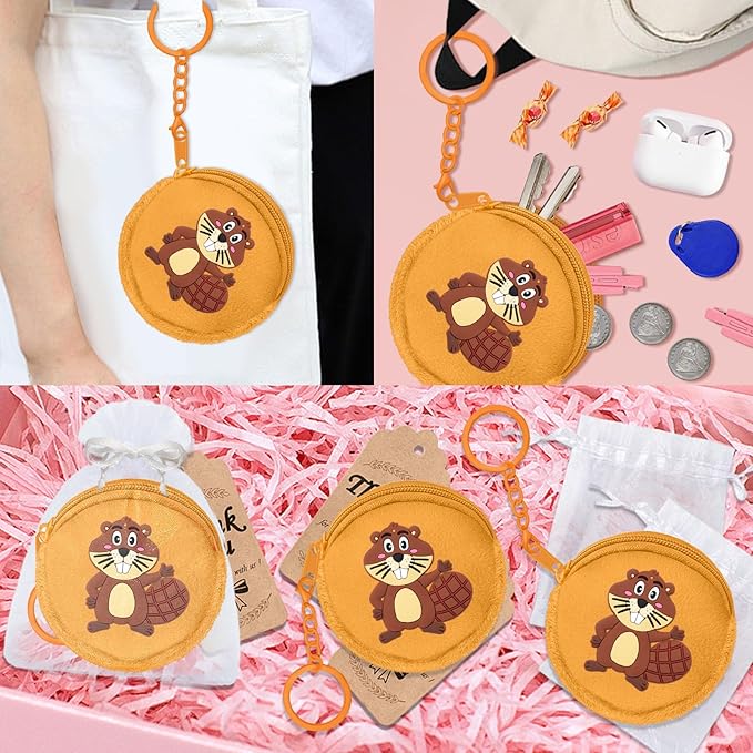15 Pack Beaver Coin Purses with Keyring for Safari Party, Jungle Baby Shower, Wild Animal Themed Kids Birthday, Wild ONE First Birthday, Castor Gender Reveal,Khaki