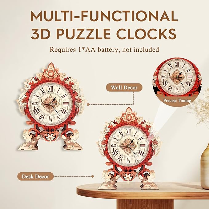 3D Puzzles for Adults Clock-Flame Flower Design Model Kit-Mechanical DIY Pendulum Clock with Roman Numerals-Desk Home Office Decor Personalized Gift for DIY Lovers
