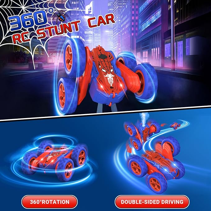 Spider Remote Control Car for Boys, RC Stunt Car with Light Spray, RC Cars Rechargeable Double Sided Driving 360° Flip Rotating Racing, Toys for Kids Age 4-6 6-8 8-12 Birthday Gifts