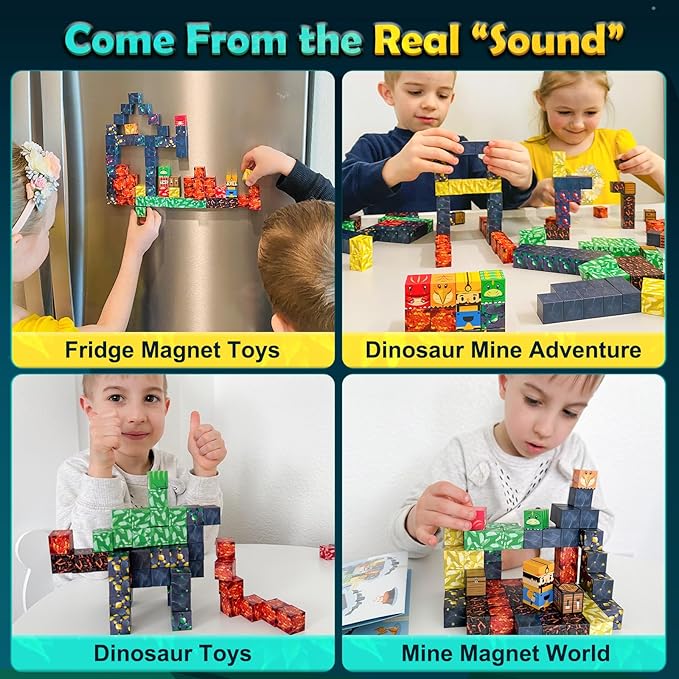 100PCS Dinosaur Toys Magnetic Blocks - Build Mine Magnet World Dinosaur Mine Adventure Set, Creative Jurassic Kids Games for 3-5 5-7 8-12 Boys, Sensory STEM Outdoor Toys for Boys&Girls Birthday Gifts