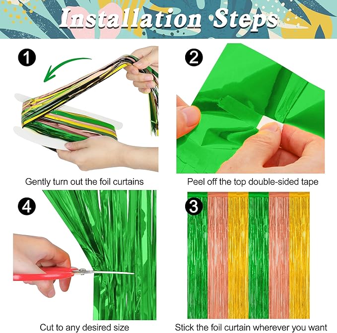 8 Pack Hawaiian Party Decorations, 3.28 FT x 7.05 FT Luau Party Decorations, Green Brown Yellow Backdrop Fringe Curtains Foil Streamer, Metallic Summer Decor Photo Booth Props