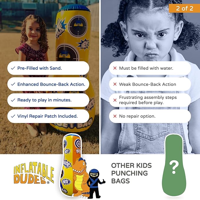 INFLATABLE DUDES Target Bags -Kids Punching Bag | Already Filled with Sand| Bop Bag | Premium Inflatable Toy | Punching Bag for Kids | Enhanced Bounce-Back Action! | Indoor Outdoor -Party Games