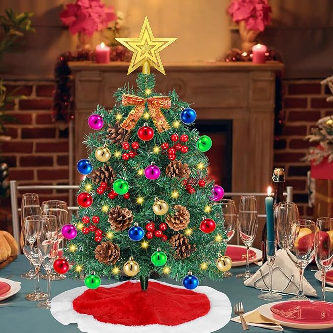 24 Inch Small Tabletop Christmas Tree with Tree Skirt, Christmas Pine Tree with 50 LED Lights, Star Treetop and Ornaments, Artificial Mini Christmas Tree Home Table Christmas Decorations