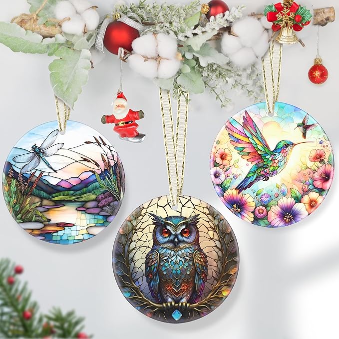 3.5 Inch Ceramic Owl Christmas Ornament - Hanging Owl Decor for Christmas Tree, Gifts & Holiday Presents