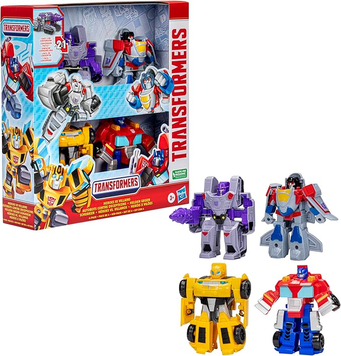 Transformers Toys Heroes vs Villains 4-Pack, Autobot and Decepticon 4.5-Inch Action Figures, Preschool Robot Toys for Kids Ages 3 and Up (Amazon Exclusive)