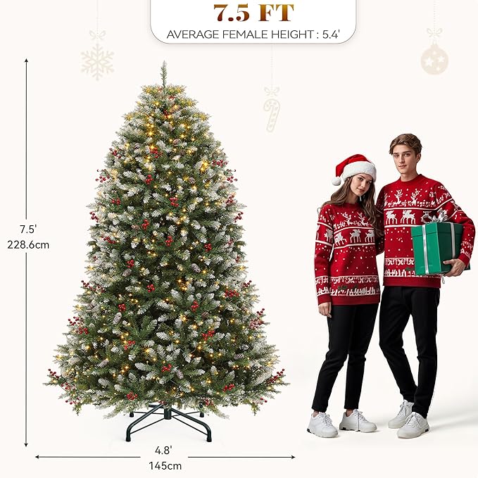 YITAHOME 7.5FT Prelit Frosted Green Christmas Tree with Remote, Pre-Decorated Christmas Tree w/ 2514 Tips, 130 Pine Cones & 130 Berries, 750 Warmwhite & Multi-Color Lights, 11 Modes, Green Bell
