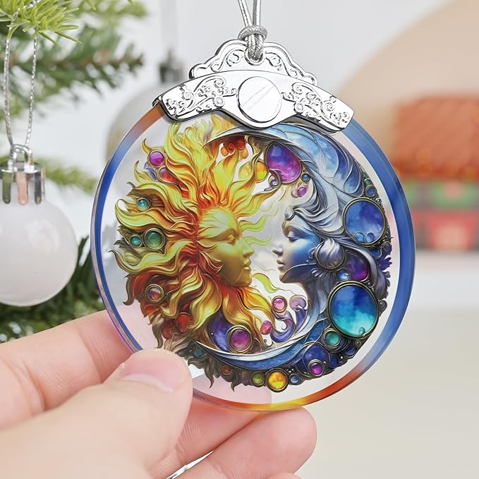 2025 Ornaments for Christmas Tree - Sun and Moon Stained Glass Christmas Tree Decorations Idea - Gift Exchange