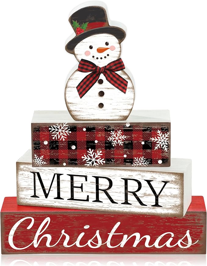 4 Pcs Christmas Table Decoration Snowman Wooden Block Merry Christmas Wood Centerpiece Xmas Red Buffalo Plaid Tabletop Sign Xmas Rustic Farmhouse Tiered Tray Decor for Winter Party Home Shelf Decor