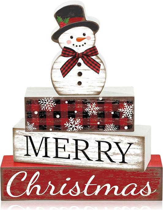4 Pcs Christmas Table Decoration Snowman Wooden Block Merry Christmas Wood Centerpiece Xmas Red Buffalo Plaid Tabletop Sign Xmas Rustic Farmhouse Tiered Tray Decor for Winter Party Home Shelf Decor