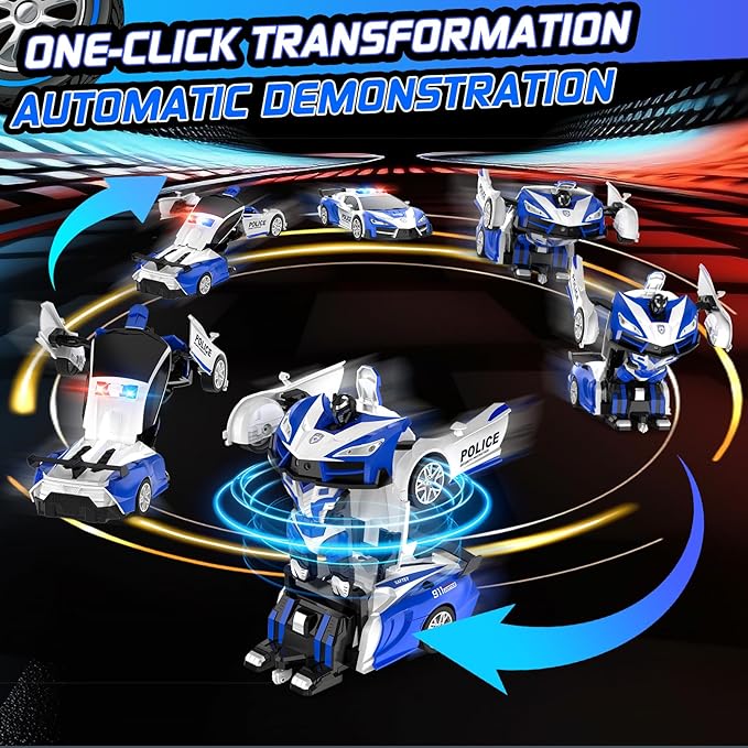 Remote Control Car, One-Button Transform Toys Car, 2.4GHz RC Cars 1:18 Scale, 360 Degree Rotation Police Car Toy Transforming into Robot Toy for Boys Girl Kids 4-7 8-12 6-8, Birthday
