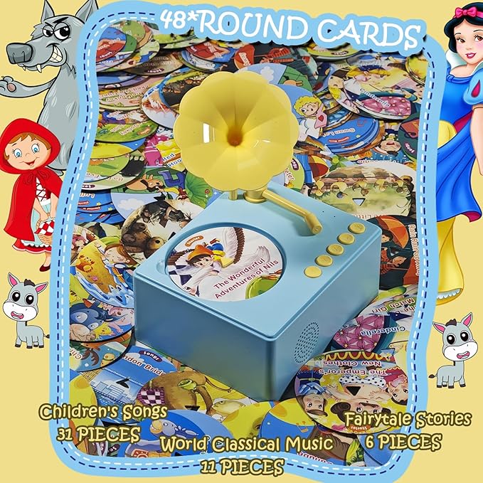 Kids Gramophone with 96 Learning Cards, Toddler Gramophone Music Toy, Kid Phonograph Toddler Record Player, Kid Gramophones, Children's Phonograph Story Music Player Gift Boys Girls (Blue)