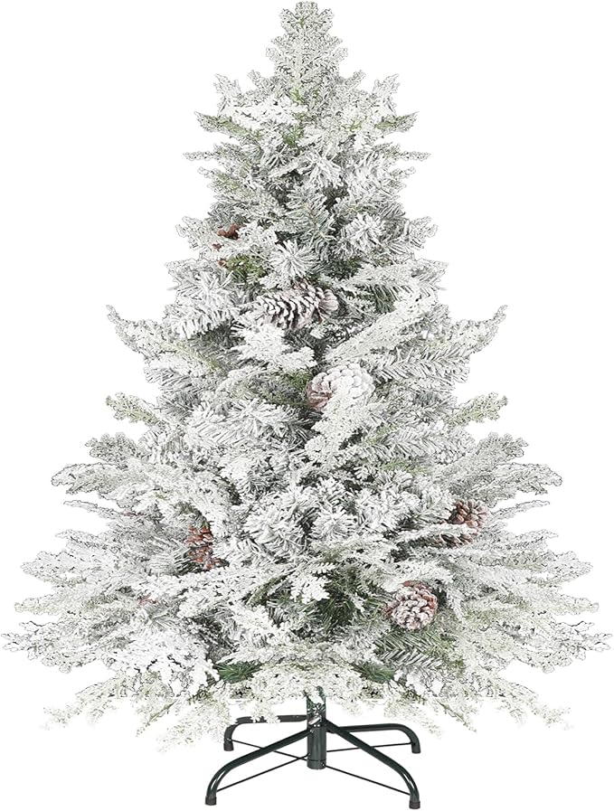 4FT Premium Artificial Christmas Tree, Snow Flocked Hinged Pine Tree w/800+ Snowflake Branches, Solid Metal Stand for Holiday Decoration Indoor Outdoor Use, Green