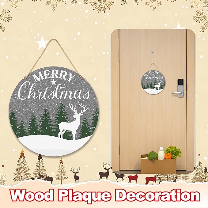 Merry Christmas Tree Sign Decorations, 10x10 Inch Xmas Reindeer Decorative Wooden Plaque with Jute Rope for Door Wall Shelf Decor, Winter New Year Gifts-MBA03