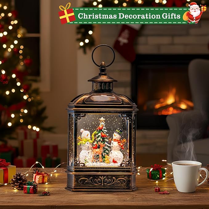 Christmas Snow Globes Lantern Christmas Snow Globe with Music Snowman and Christmas Tree,6H Timer,USB Lined/Battery Operated Lighted Lantern for Christmas Festival Decoration Gifts