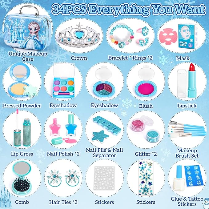 Kids Makeup Set for Girls Toys, 34Pcs Washable Princess Frozen Make Up Kit w/ Dress Up Accessories, Christmas Birthday Princess Gifts Toys for Girls Kids Toddlers Age 3 4 5 6 7 8 9 10 11 12