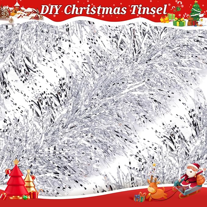 50Ft Christmas Tinsel Garland Silver Xmas Tree Decorations Metallic Glitter Twist Garland for Christmas Tree Decorations New Year Party Birthday Holiday Supplies Indoor Outdoor Supplies