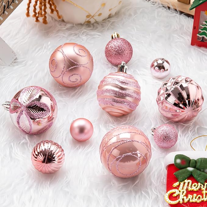 100Pcs Christmas Ball Ornaments Set, Shatterproof Plastic Pink Christmas Ornaments for Xmas Tree, Assorted Baubles Hanging Decorations for Holiday/Party/Wedding (Pink)