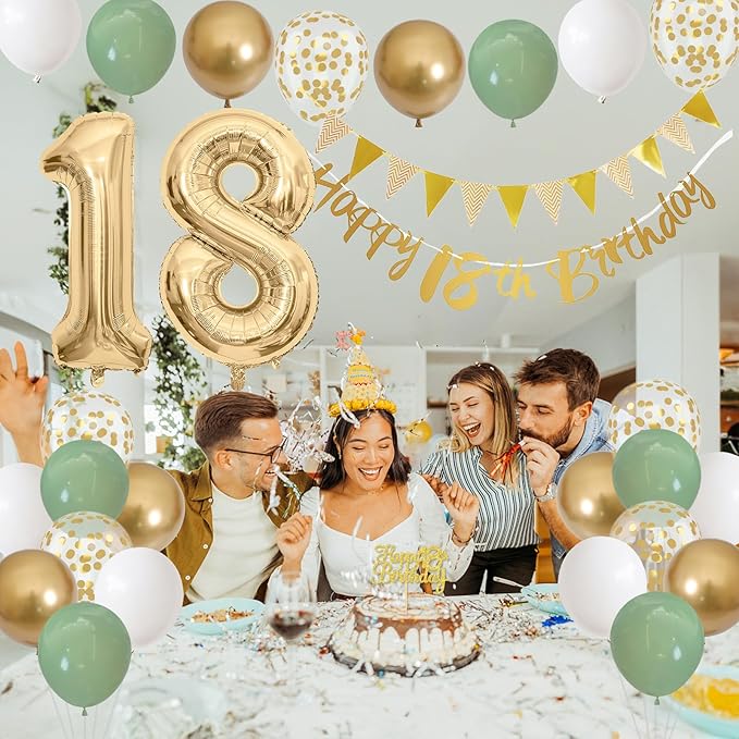18th Birthday Decorations - Happy 18th Banner, Cake Topper, Foil Balloons in Sage Green, White, Gold for 18 Year Old Party