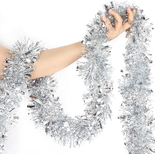 50FT Silver Christmas Tinsel Garland - Metallic Tinsel Twist Garland for Christmas Tree Decorations, Xmas Tree Decor Home Indoor Holiday Party Supplies