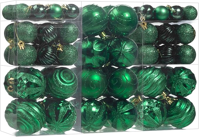 100Pcs Christmas Ball Ornaments Set, Shatterproof Plastic Dark Green Christmas Ornaments for Xmas Tree, Assorted Baubles Hanging Decorations for Holiday/Party/Wedding